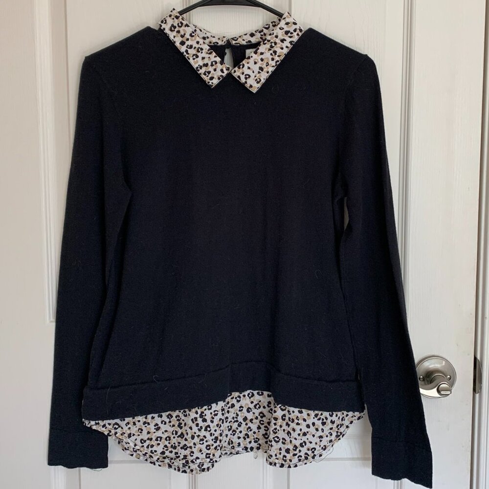 J Crew Collared Leopard Print/Solid Black Long Sleeve Blouse, size S, EUC